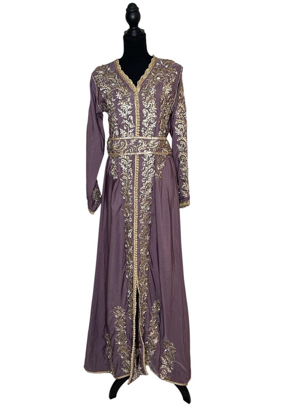 Embroidered Long Caftan Dress in Mauve with Gold Trim